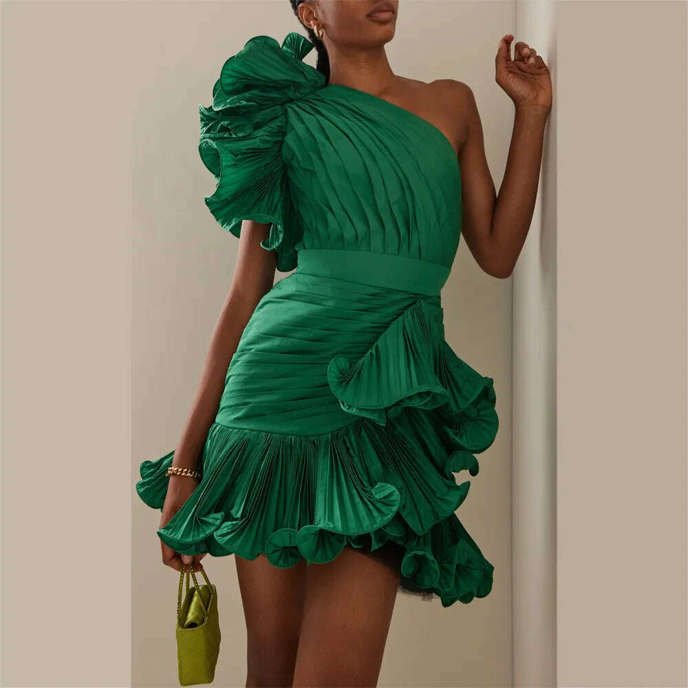 KIMLUD, Green Fashion Short Women Dress One Shoulder Ruffles Pleated A-Line Girl Elegant Evening Party Dresses Custom Made Free Shipping, Gold / 2, KIMLUD APPAREL - Womens Clothes