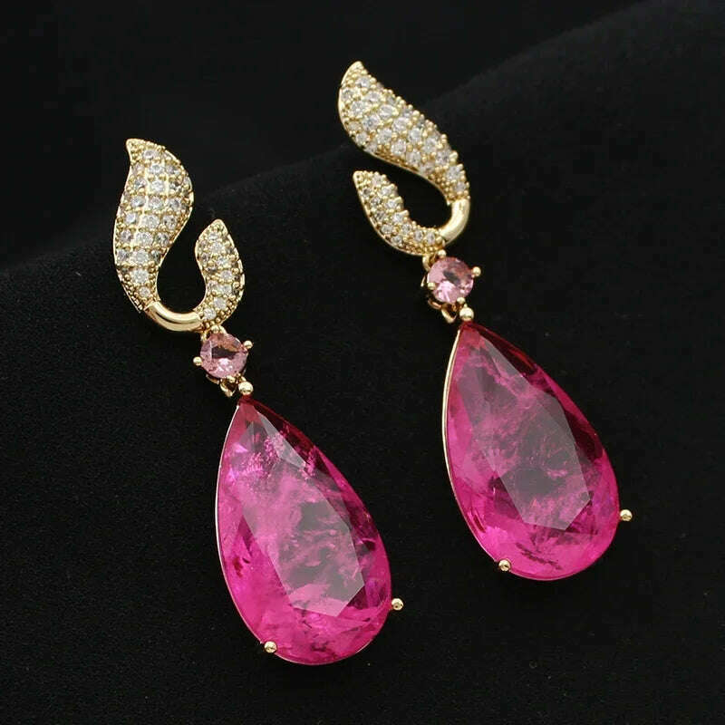 KIMLUD, Green Fushia Purple Teardrop Dangle Earrings for Women Elegant Luxury Jewelry Evening Party Birthday Gift, KIMLUD Womens Clothes