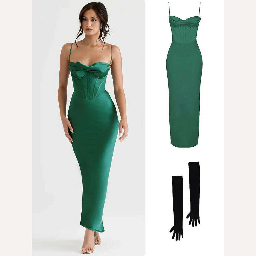 Green Maxi Bodycon Dress Sexy Celebrity Event Prom Night Party Dresses Satin V Neck Spaghetti Strap Women Dresses 2022 Summer - KIMLUD