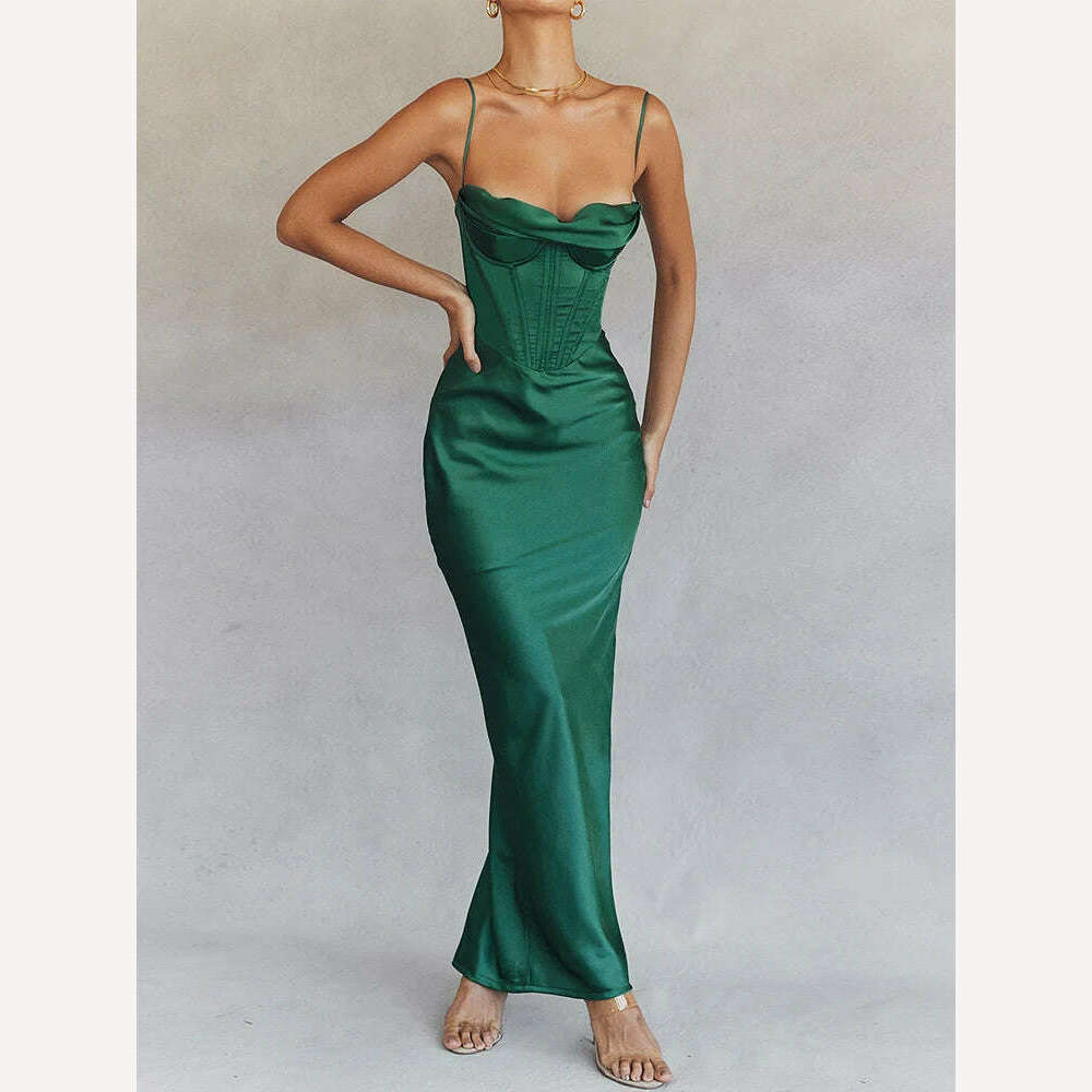 Green Maxi Bodycon Dress Sexy Celebrity Event Prom Night Party Dresses Satin V Neck Spaghetti Strap Women Dresses 2022 Summer - KIMLUD