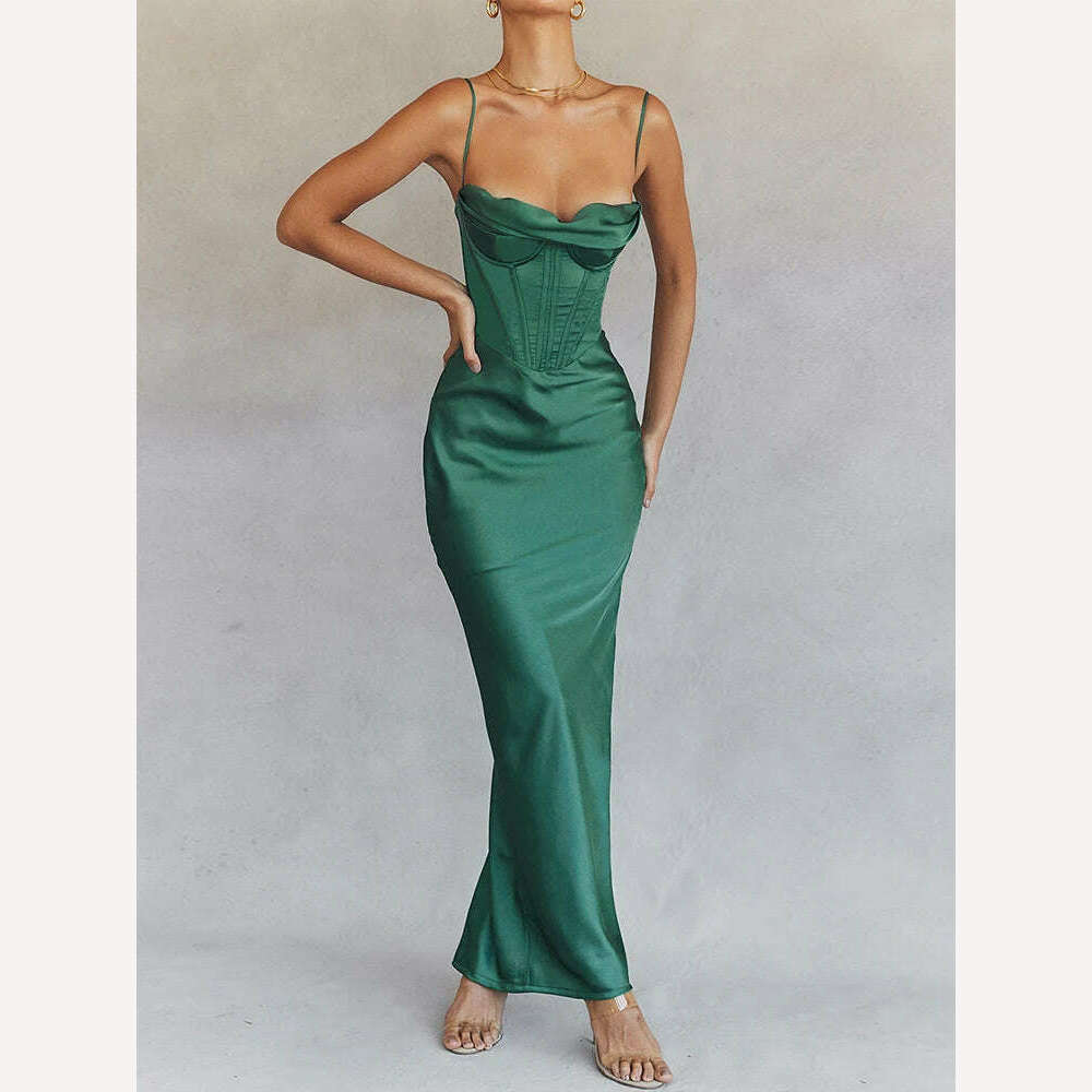 Green Maxi Bodycon Dress Sexy Celebrity Event Prom Night Party Dresses Satin V Neck Spaghetti Strap Women Dresses 2022 Summer - KIMLUD