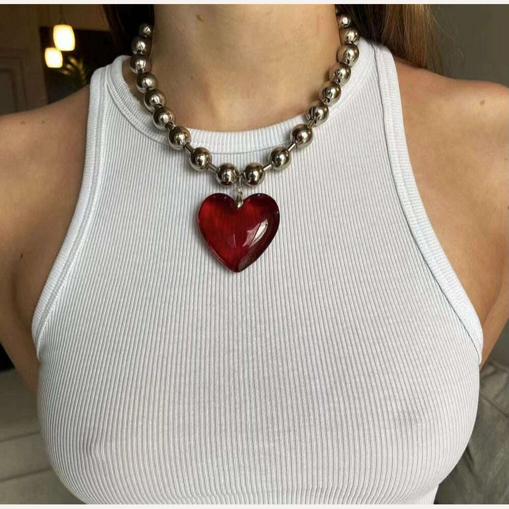 KIMLUD, Grunge Fashion Glass Heart Pendant Necklace Y2K Oversize Ball Beads Chain Statement Choker Necklace for Women Club Punk Jewelry, KIMLUD Womens Clothes