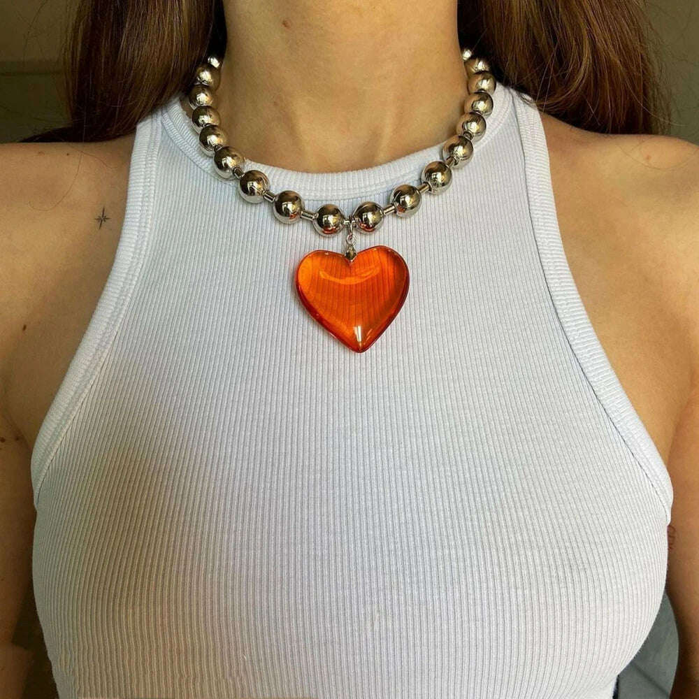 KIMLUD, Grunge Fashion Glass Heart Pendant Necklace Y2K Oversize Ball Beads Chain Statement Choker Necklace for Women Club Punk Jewelry, Orange, KIMLUD Womens Clothes