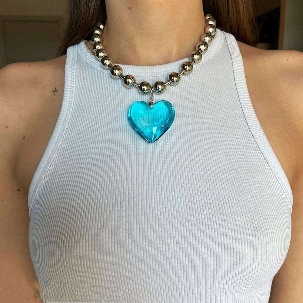 KIMLUD, Grunge Fashion Glass Heart Pendant Necklace Y2K Oversize Ball Beads Chain Statement Choker Necklace for Women Club Punk Jewelry, Lake Blue, KIMLUD Womens Clothes