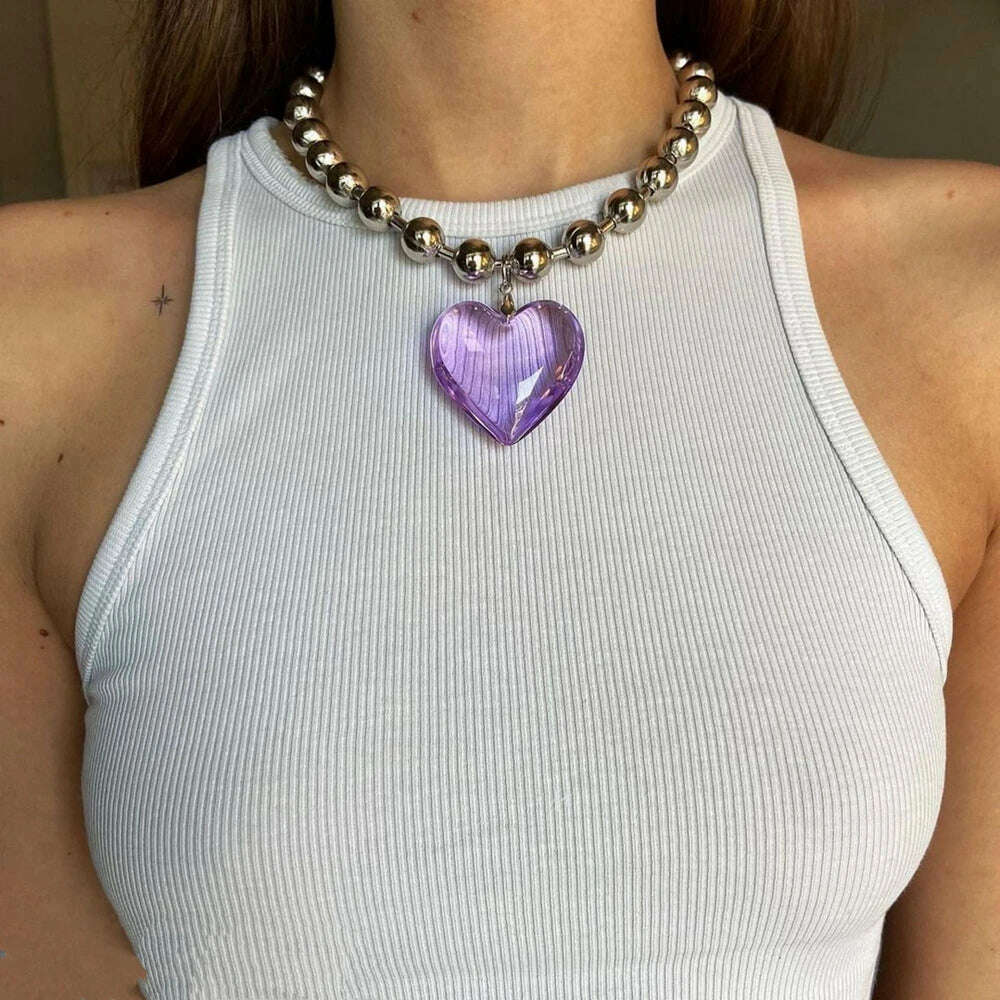 KIMLUD, Grunge Fashion Glass Heart Pendant Necklace Y2K Oversize Ball Beads Chain Statement Choker Necklace for Women Club Punk Jewelry, Light Purple, KIMLUD Womens Clothes