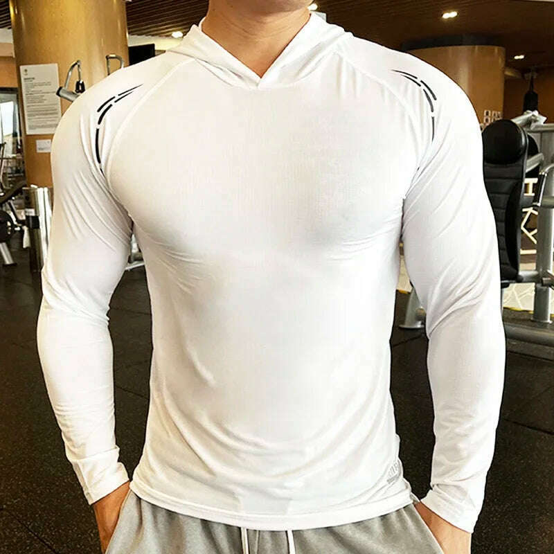 KIMLUD, Gym Men T Shirt Casual Long Sleeve Slim Tops Tees Elastic T-shirt Sports Fitness Thin Comfort Breathable Quick Dry Hooded, T219-White / M (Fit 60-70KG) / CN, KIMLUD APPAREL - Womens Clothes