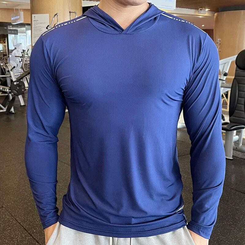 KIMLUD, Gym Men T Shirt Casual Long Sleeve Slim Tops Tees Elastic T-shirt Sports Fitness Thin Comfort Breathable Quick Dry Hooded, T260-Royal Blue / 3XL (Fit 85-95KG) / CN, KIMLUD APPAREL - Womens Clothes