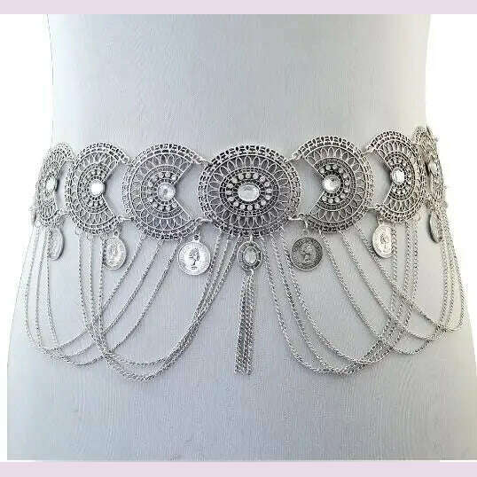 KIMLUD, Gypsy Afghan Coin Ethnic Waist Belly Chains Hollow Moon Crystal Flower Long Tassel Moroccan Belts Indian Sexy Body Chain Jewelry, silver 1, KIMLUD APPAREL - Womens Clothes