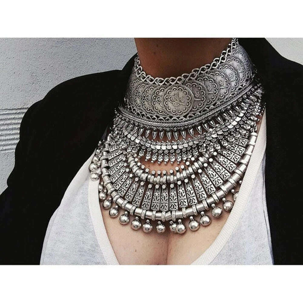 KIMLUD, Gypsy Boehmian Hippie Collar Necklaces for Women Big Chunky Tibetan Silver Metal Necklace Festival Turkish Party Jewelry Gift, KIMLUD Womens Clothes