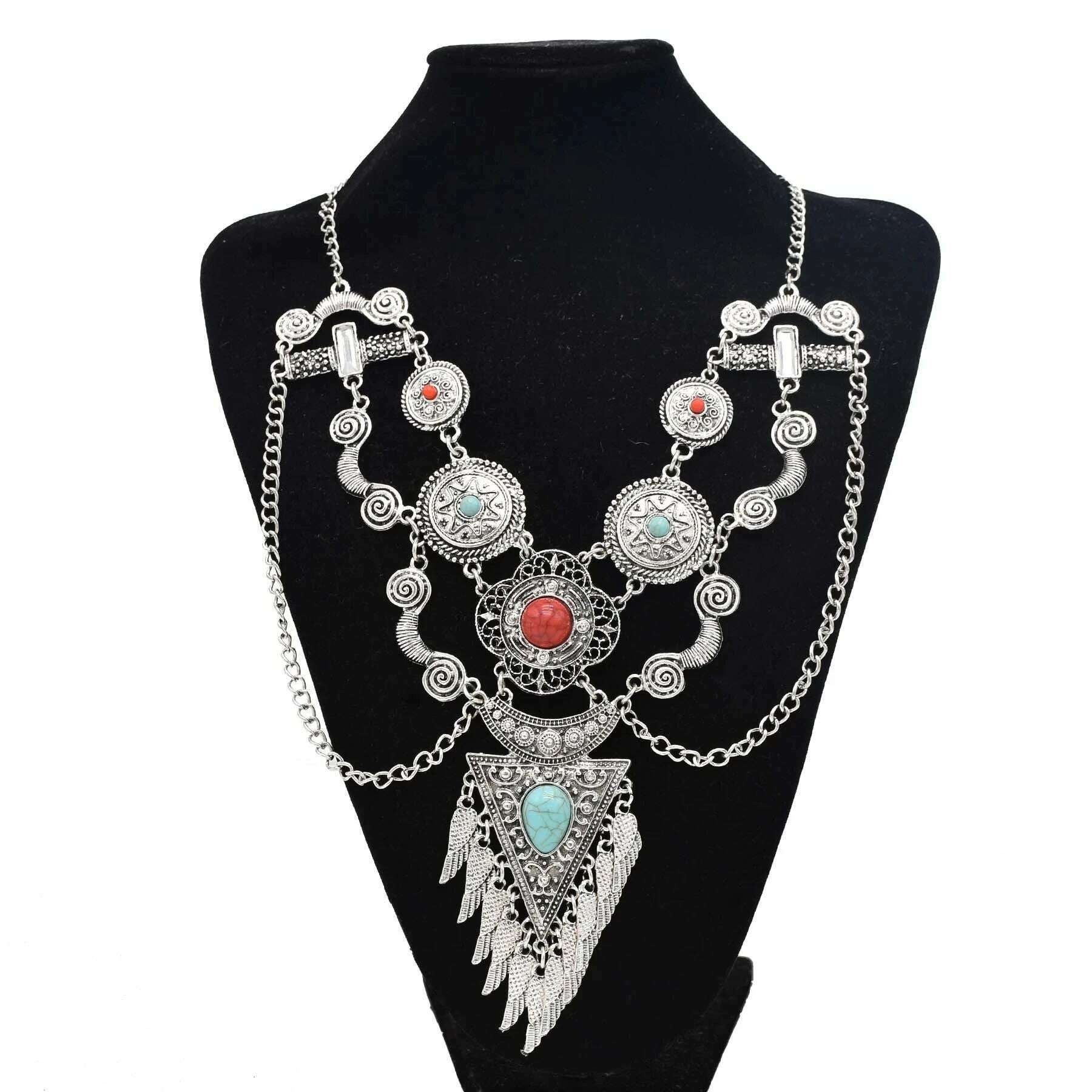 Gypsy Boehmian Hippie Collar Necklaces for Women Big Chunky Tibetan Silver Metal Necklace Festival Turkish Party Jewelry Gift - KIMLUD