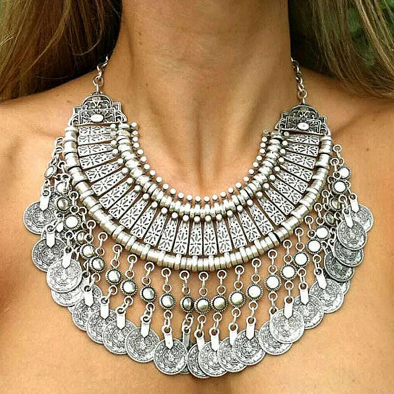 KIMLUD, Gypsy Bohemia Metal Coin Tassel Statement Choker Necklace Women Boho Afghan Turkish Ethnic Tribal Jewelry, KIMLUD Womens Clothes