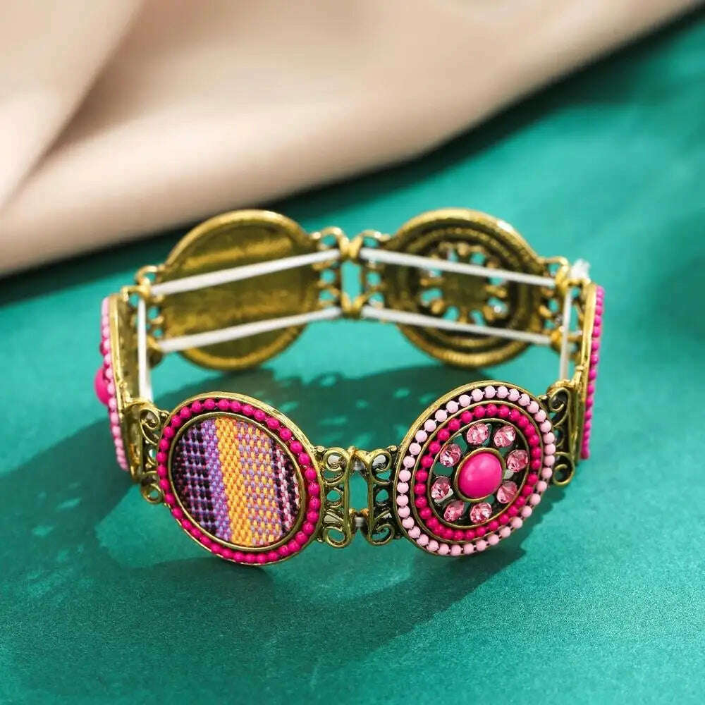 KIMLUD, Gypsy Tribal Tibetan Bracelet for Women Boho Vintage Silvery Men's Turquoise Elastic Bangle Afghan Turkish Ethnic Indian Jewelry, 1036rose red, KIMLUD APPAREL - Womens Clothes