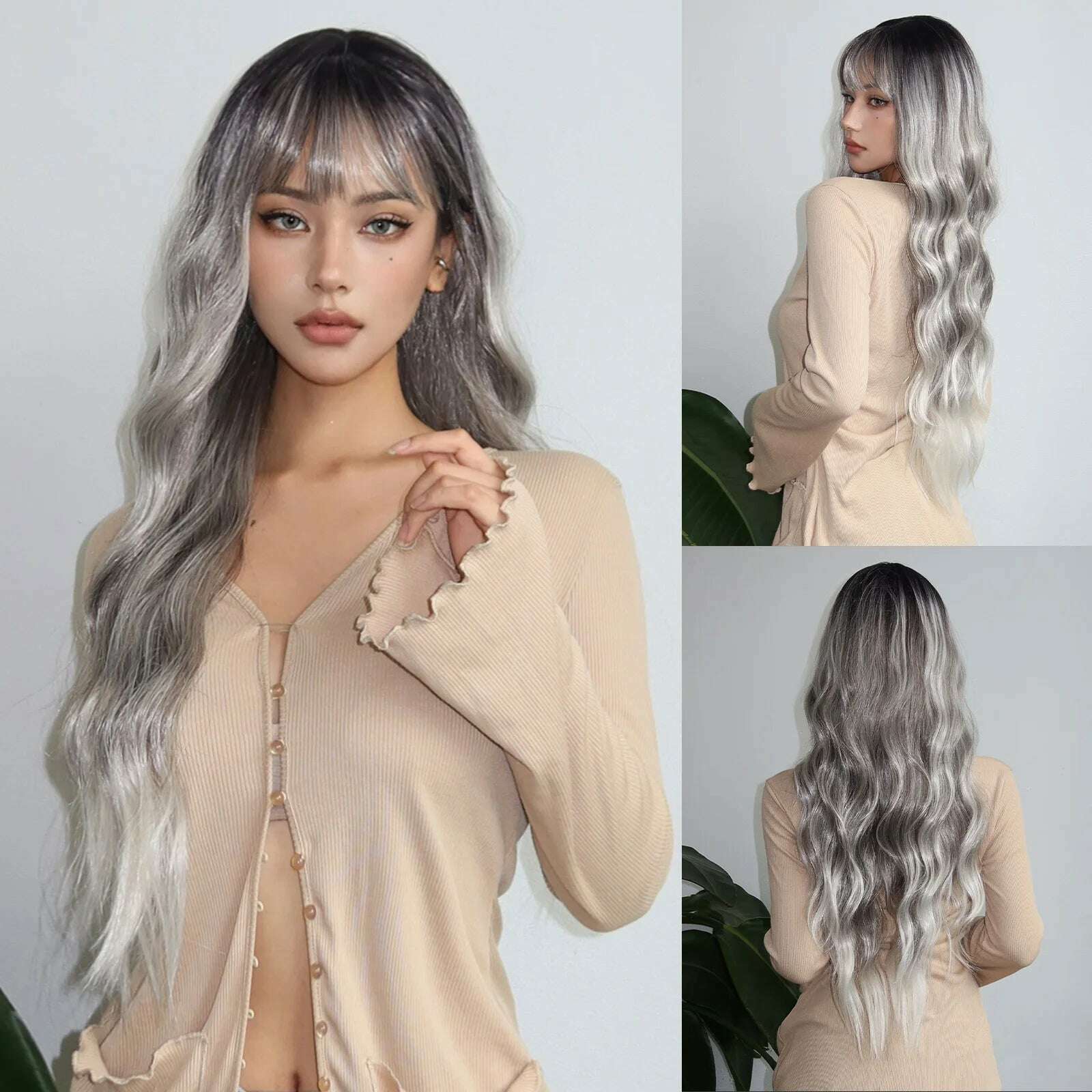 KIMLUD, HAIRCUBE Long Brown Wavy with Bangs Synthetic Wigs for Black Women Deep Curly Wigs Christmas Party Softy High Temperature Fiber, WL1202-1, KIMLUD APPAREL - Womens Clothes