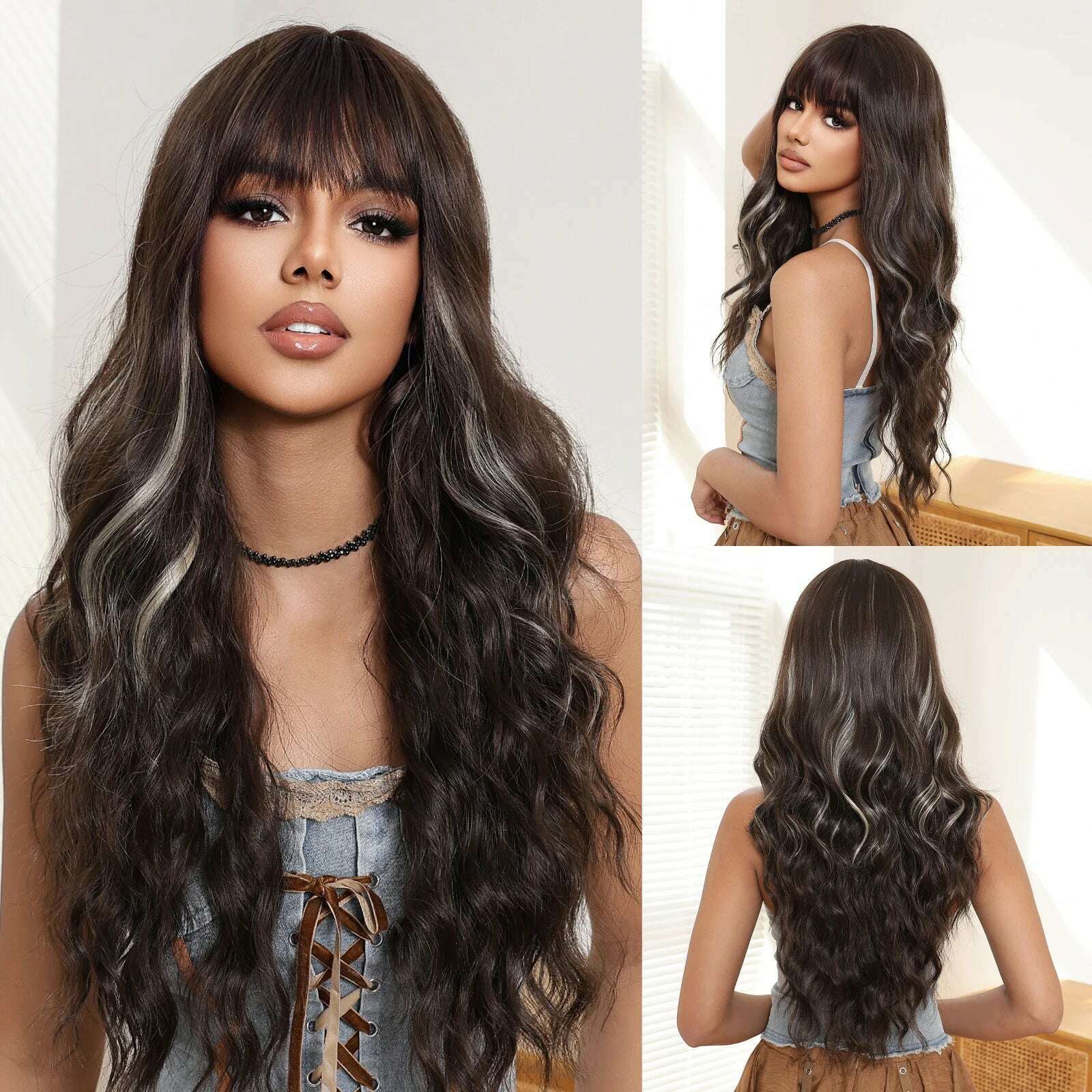 KIMLUD, HAIRCUBE Long Brown Wavy with Bangs Synthetic Wigs for Black Women Deep Curly Wigs Christmas Party Softy High Temperature Fiber, LC3043-1, KIMLUD APPAREL - Womens Clothes