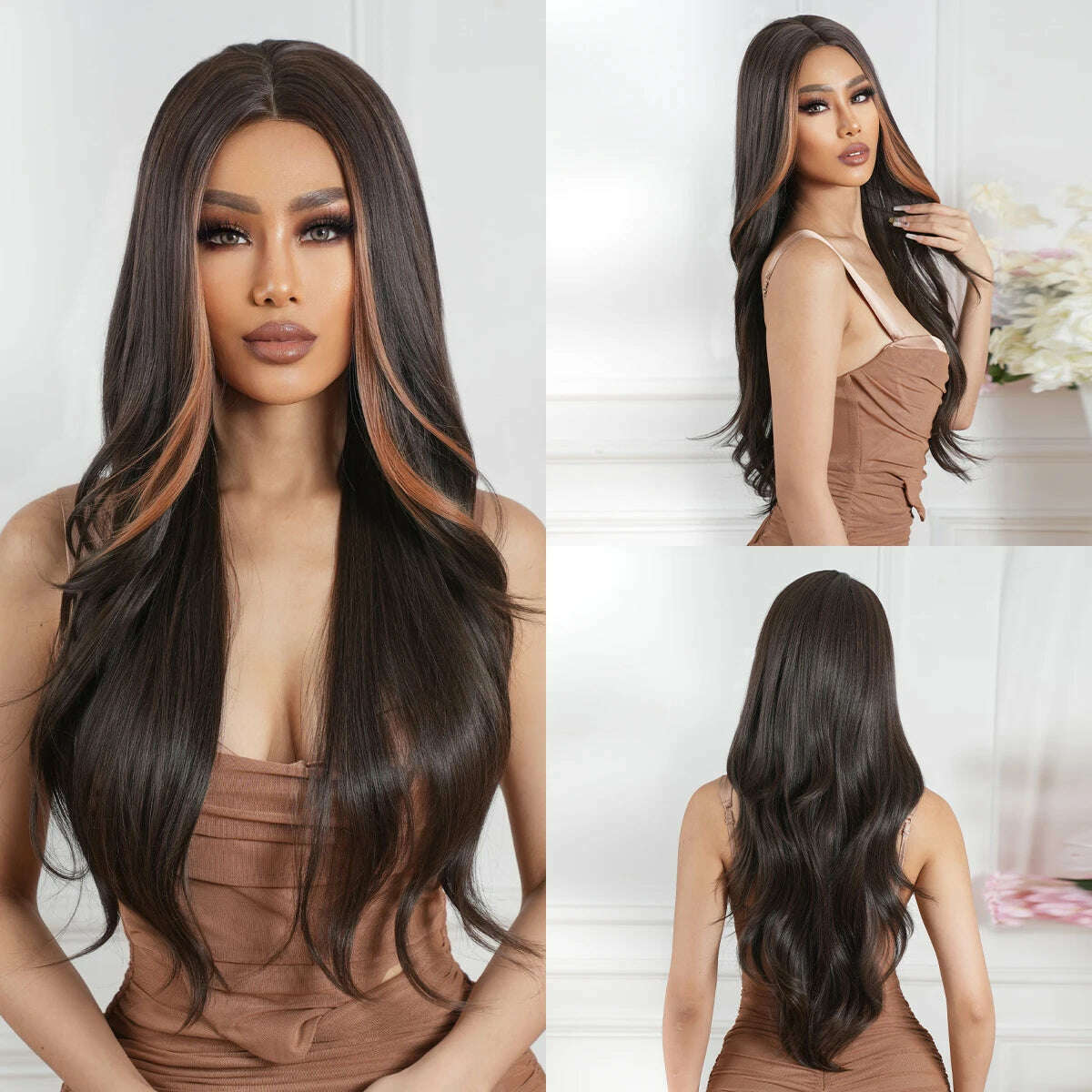 KIMLUD, HAIRCUBE Long Straight Brown Mixed Blonde Highlight Synthetic Wigs Natural Hairline Lace Front Wigs for Women Daily Cosplay Hair, FTL3001-3, KIMLUD APPAREL - Womens Clothes