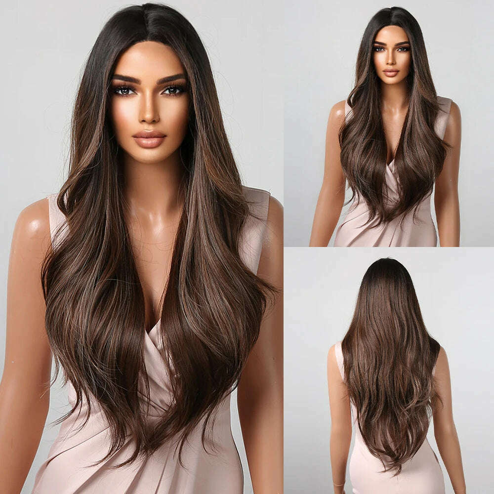 KIMLUD, HAIRCUBE Long Straight Brown Mixed Blonde Highlight Synthetic Wigs Natural Hairline Lace Front Wigs for Women Daily Cosplay Hair, FTL3001-2, KIMLUD APPAREL - Womens Clothes