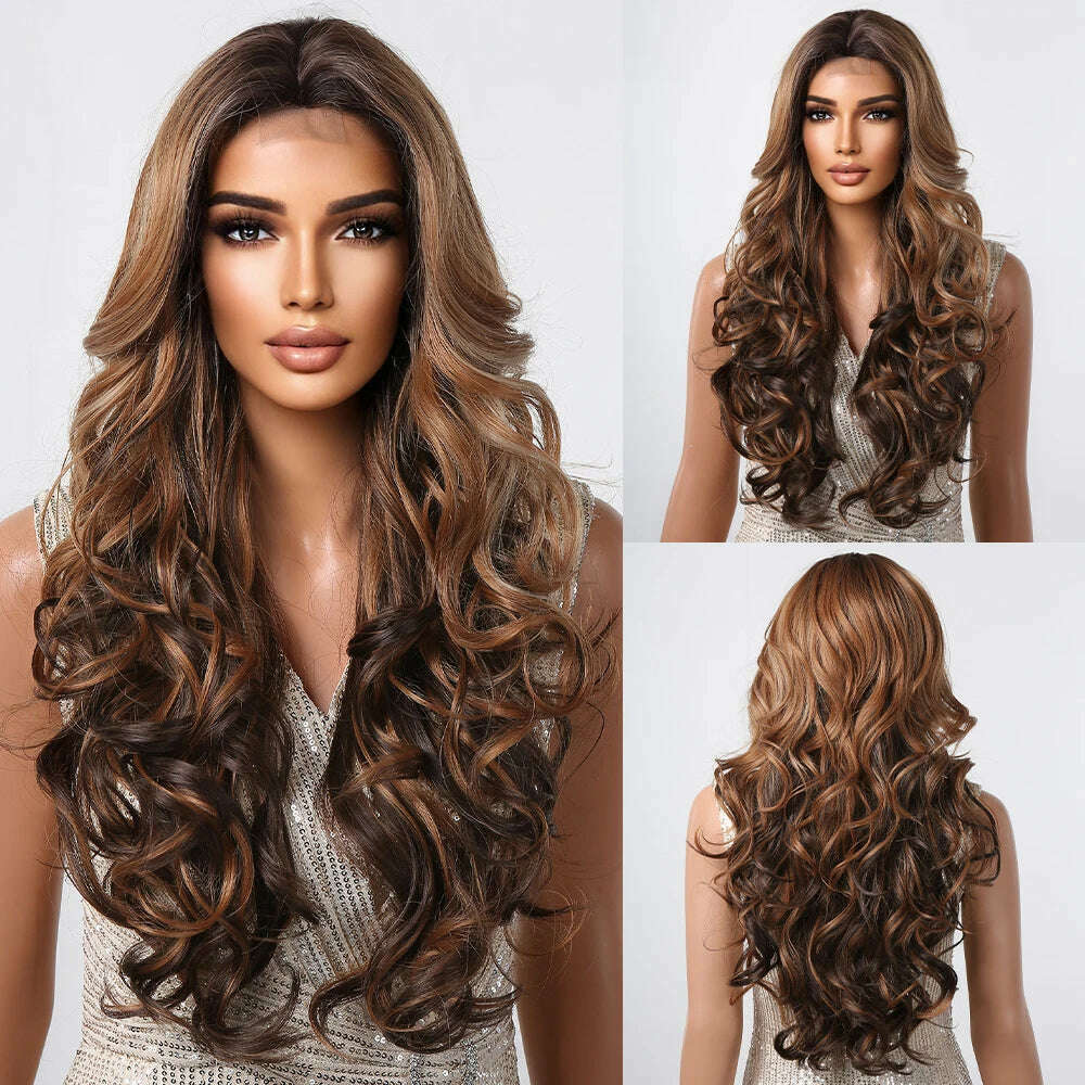 HAIRCUBE Long Straight Brown Mixed Blonde Highlight Synthetic Wigs Natural Hairline Lace Front Wigs for Women Daily Cosplay Hair - KIMLUD