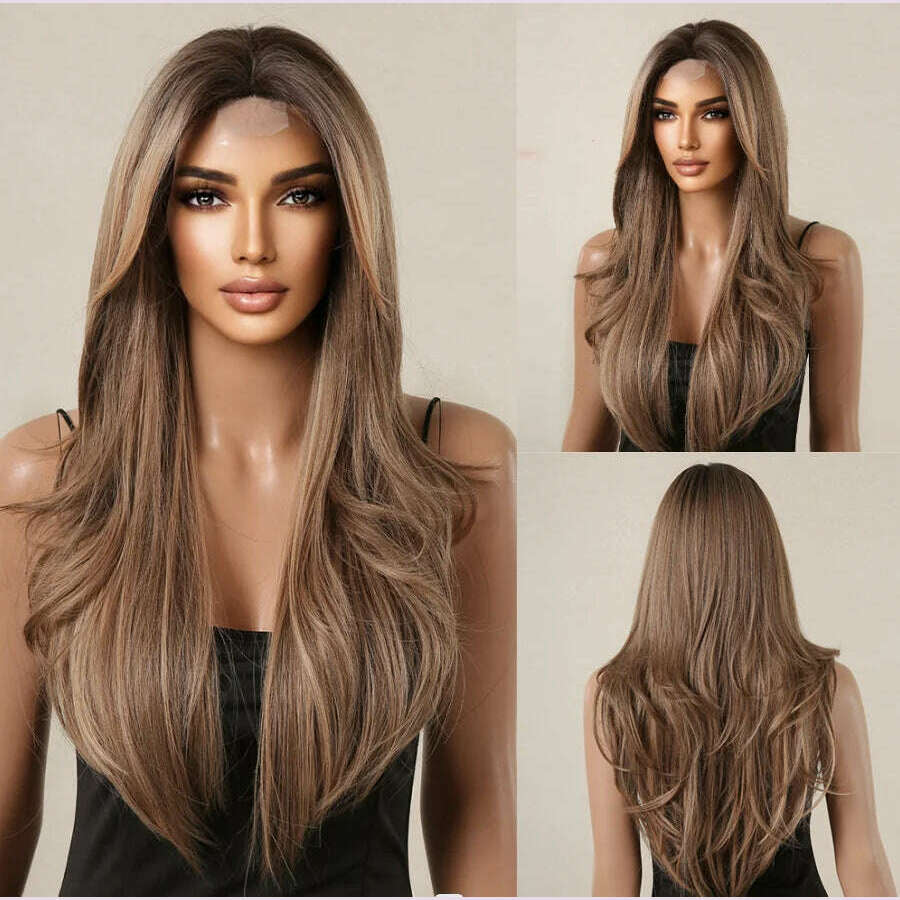 KIMLUD, HAIRCUBE Long Straight Brown Mixed Blonde Highlight Synthetic Wigs Natural Hairline Lace Front Wigs for Women Daily Cosplay Hair, FTL3019-1, KIMLUD APPAREL - Womens Clothes