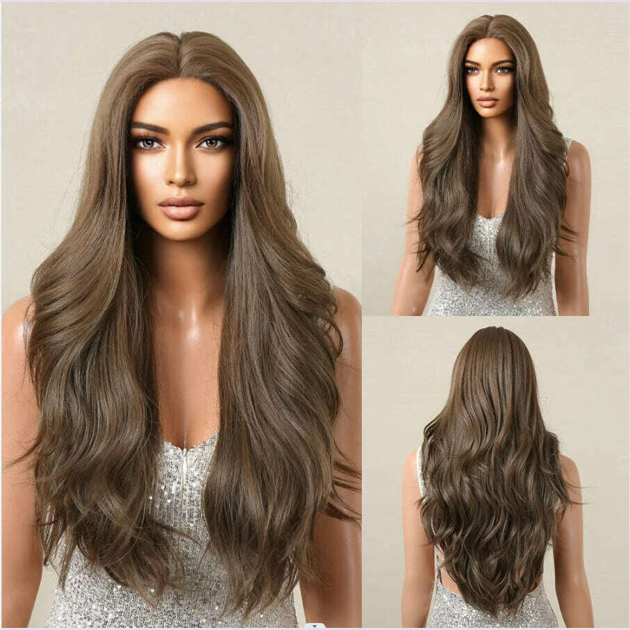 HAIRCUBE Long Straight Brown Mixed Blonde Highlight Synthetic Wigs Natural Hairline Lace Front Wigs for Women Daily Cosplay Hair - KIMLUD