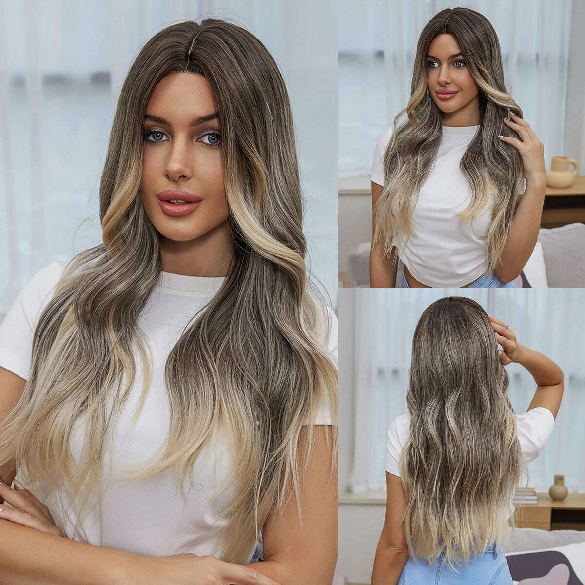 HAIRCUBE Long Straight Brown Mixed Blonde Highlight Synthetic Wigs Natural Hairline Lace Front Wigs for Women Daily Cosplay Hair - KIMLUD