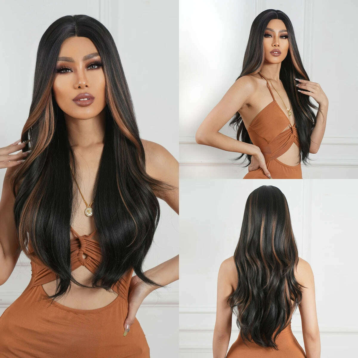 KIMLUD, HAIRCUBE Long Straight Brown Mixed Blonde Highlight Synthetic Wigs Natural Hairline Lace Front Wigs for Women Daily Cosplay Hair, FTL3001-1, KIMLUD APPAREL - Womens Clothes