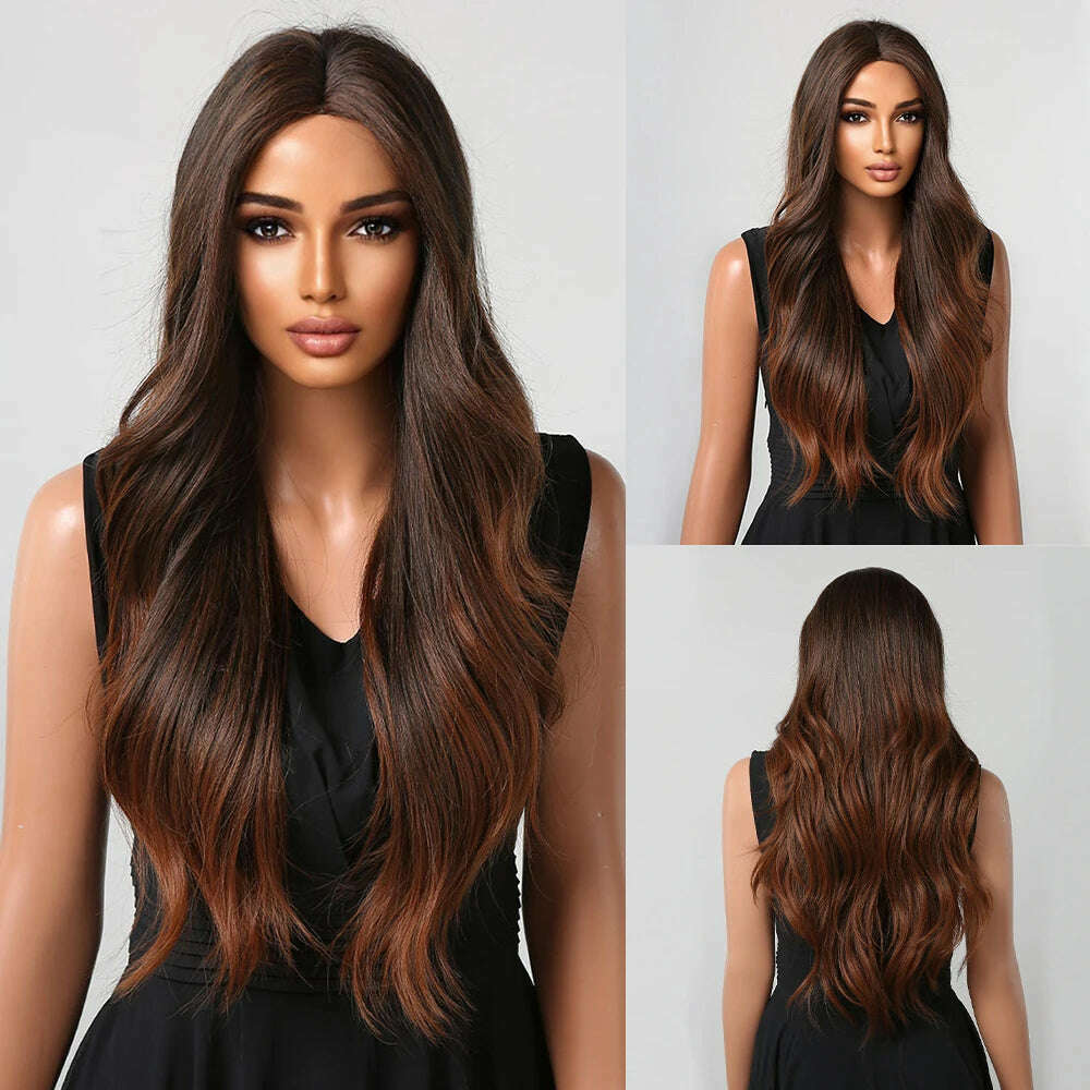 HAIRCUBE Long Straight Brown Mixed Blonde Highlight Synthetic Wigs Natural Hairline Lace Front Wigs for Women Daily Cosplay Hair - KIMLUD