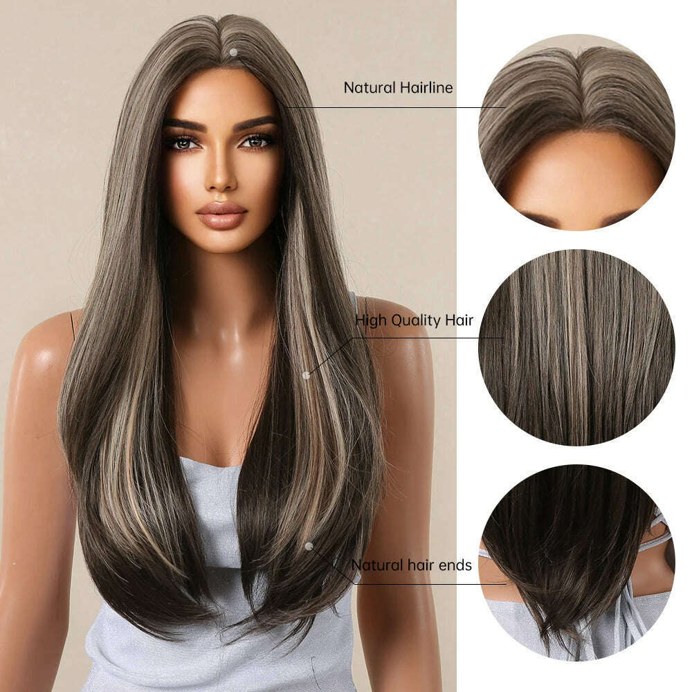 HAIRCUBE Long Straight Brown Mixed Blonde Highlight Synthetic Wigs Natural Hairline Lace Front Wigs for Women Daily Cosplay Hair - KIMLUD