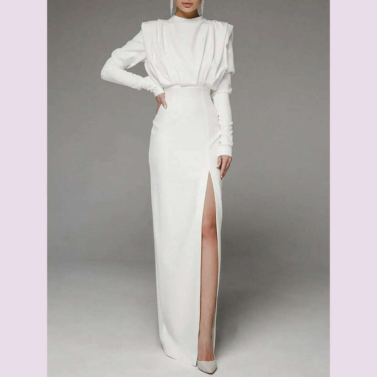 KIMLUD, Half High Collar Slit Dresses for Women Casual Long Sleeve Solid Long Abaya Spring Summer Muslim Drsss Women Party Evening Dress, White / XXL, KIMLUD APPAREL - Womens Clothes