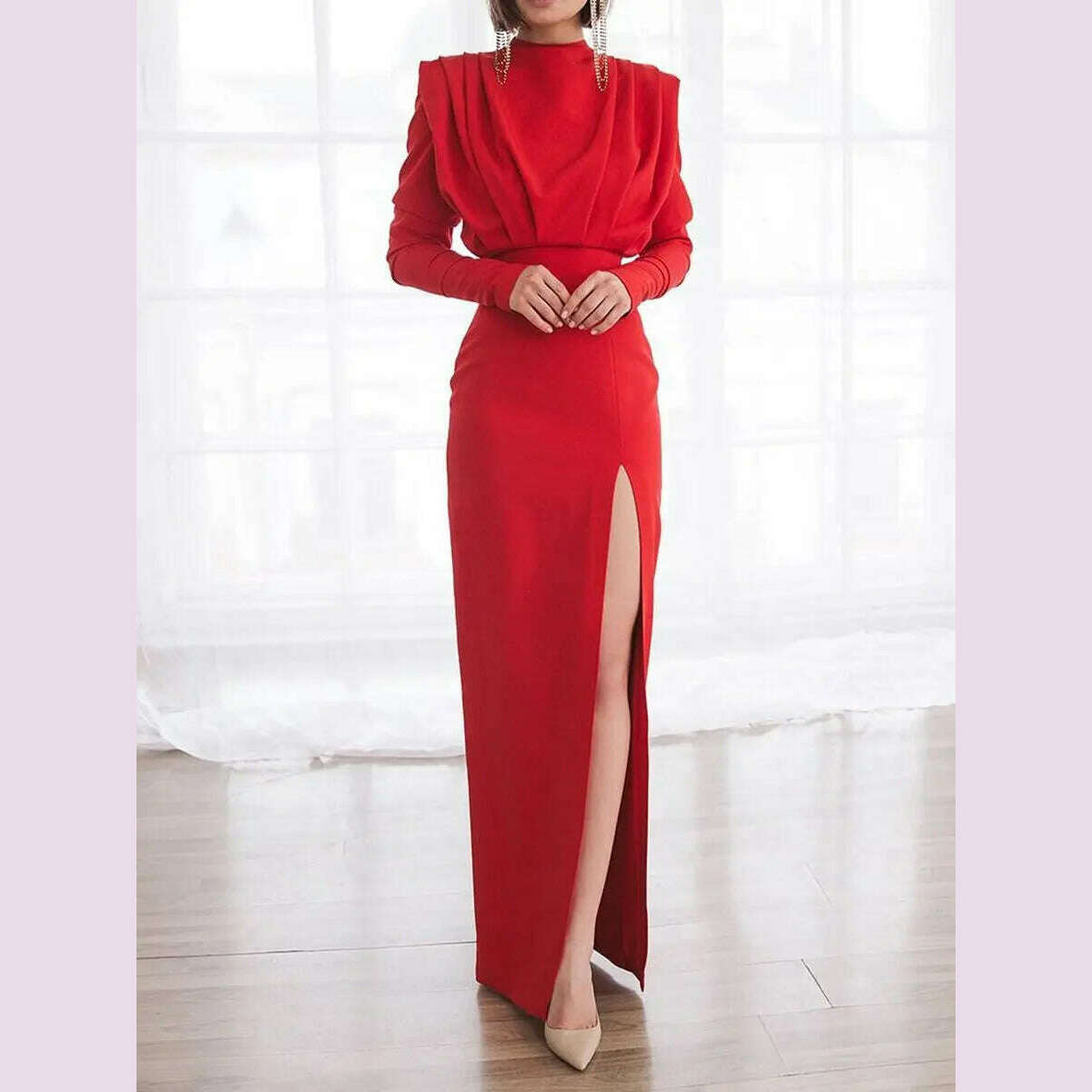 Half High Collar Slit Dresses for Women Casual Long Sleeve Solid Long Abaya Spring Summer Muslim Drsss Women Party Evening Dress - KIMLUD