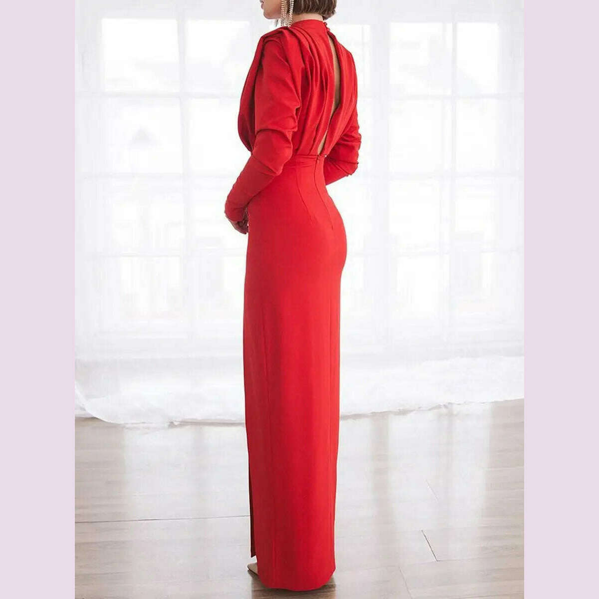 Half High Collar Slit Dresses for Women Casual Long Sleeve Solid Long Abaya Spring Summer Muslim Drsss Women Party Evening Dress - KIMLUD