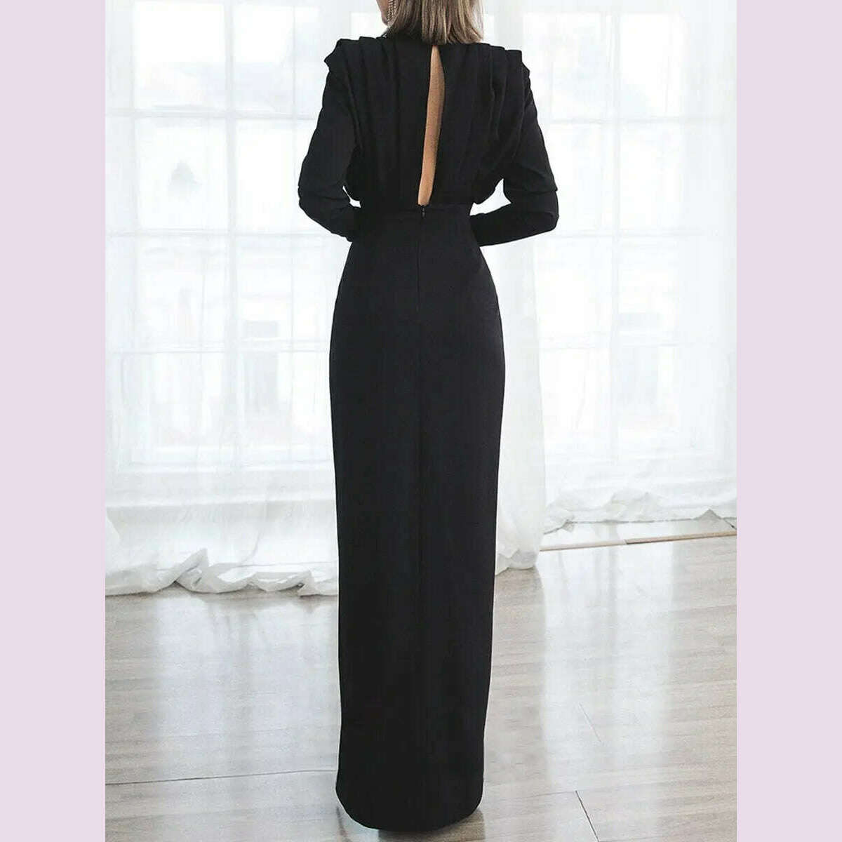 KIMLUD, Half High Collar Slit Dresses for Women Casual Long Sleeve Solid Long Abaya Spring Summer Muslim Drsss Women Party Evening Dress, KIMLUD Womens Clothes