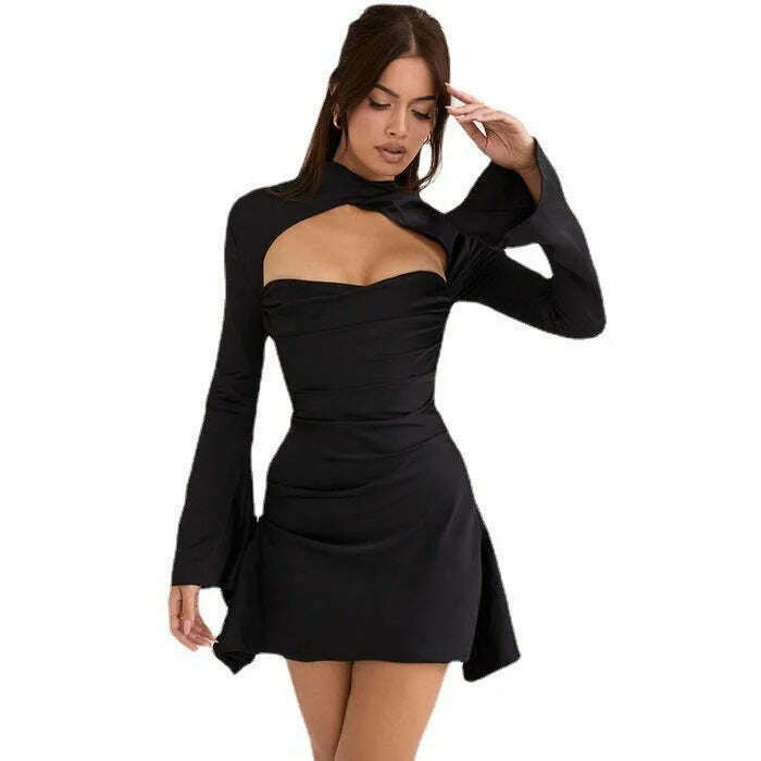 KIMLUD, Halter Neck Evening Dress Sexy Backless Low Cut Flared Sleeve Package Hip Slim Mini Party Dresses For Women Vestidos Streetwear, black. / M, KIMLUD APPAREL - Womens Clothes