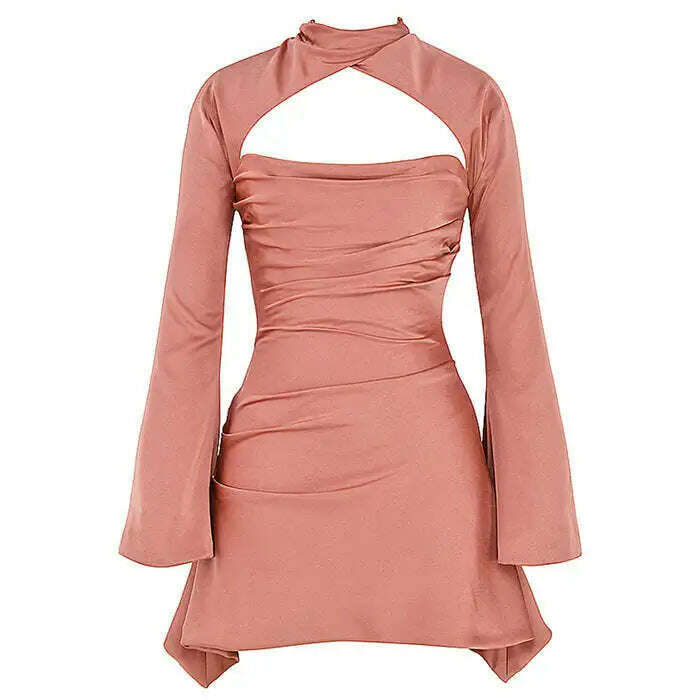 KIMLUD, Halter Neck Evening Dress Sexy Backless Low Cut Flared Sleeve Package Hip Slim Mini Party Dresses For Women Vestidos Streetwear, KIMLUD Womens Clothes