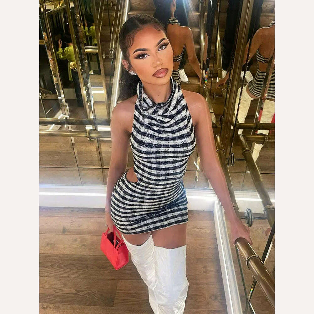 Halter Sexy Dress Stripe Printed Bodycon Dress Summer Sleevless Mini Dress 2023 Club Female Outfit Streetwear Backless Dress - KIMLUD