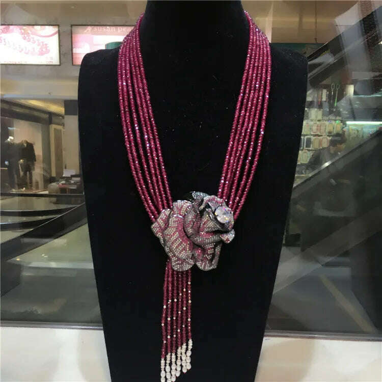 Hand knotted natural purple green stone Rose flower clasp DIY accessory clavicle chain women short multi - layer necklace - KIMLUD