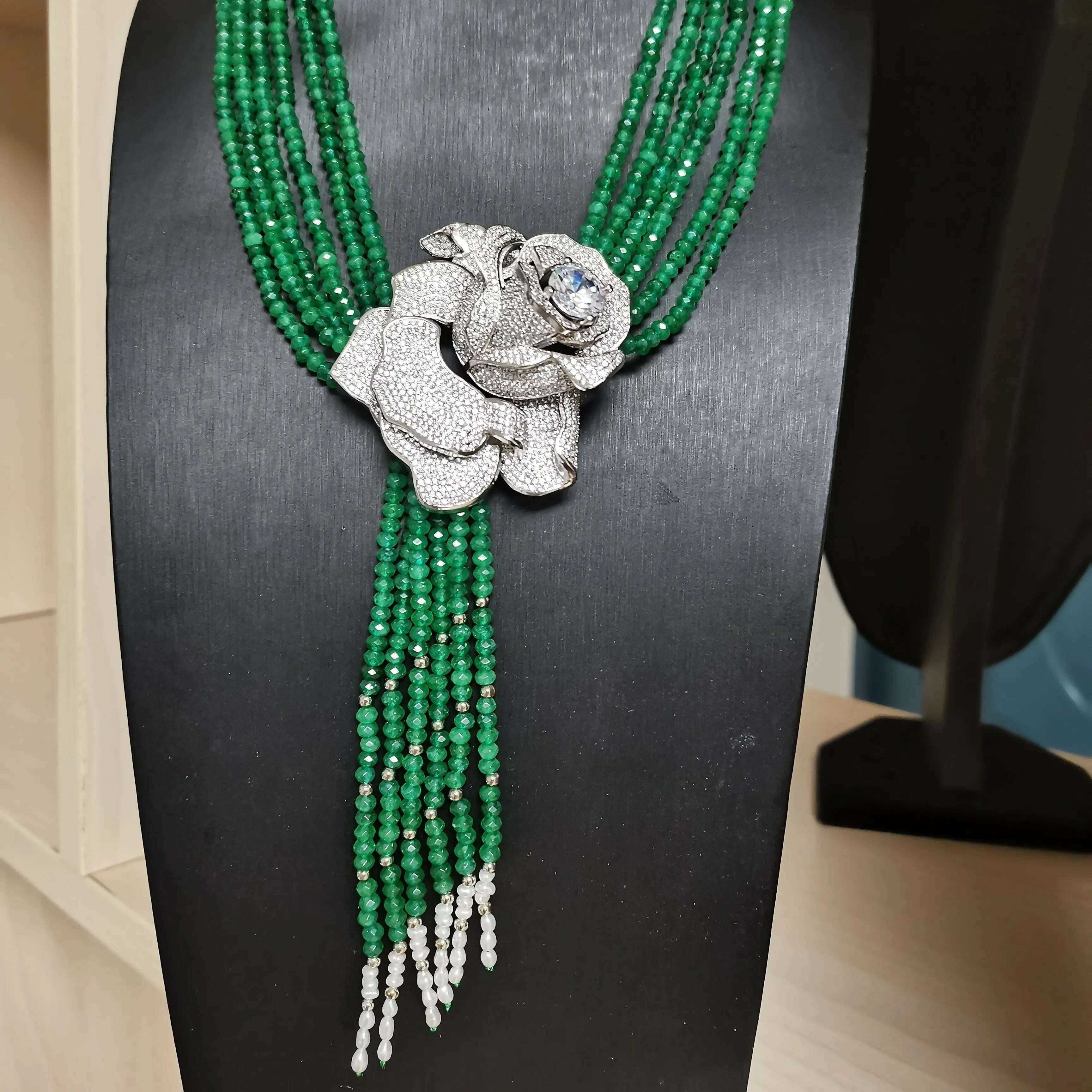 Hand knotted natural purple green stone Rose flower clasp DIY accessory clavicle chain women short multi - layer necklace - KIMLUD