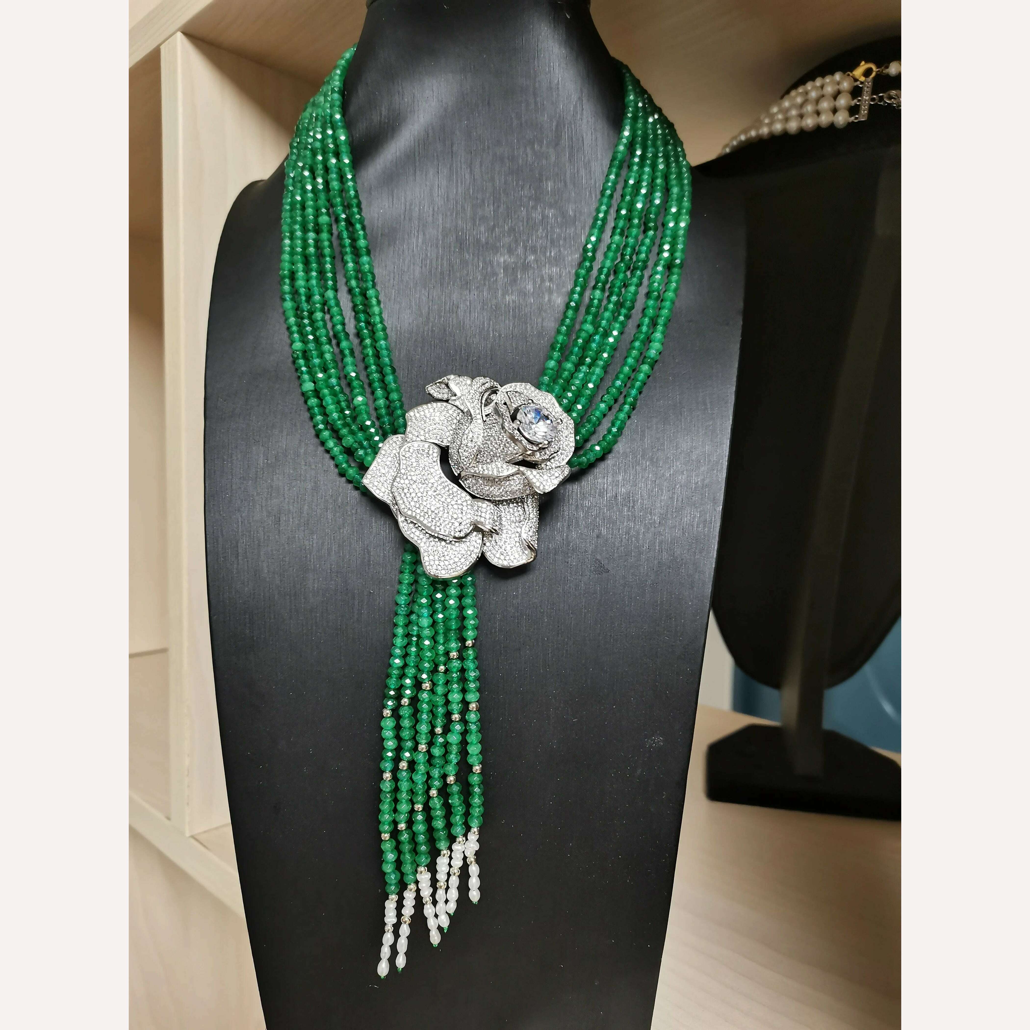 Hand knotted natural purple green stone Rose flower clasp DIY accessory clavicle chain women short multi - layer necklace - KIMLUD