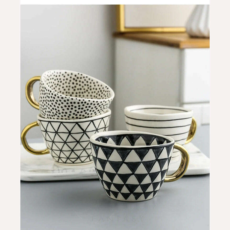 KIMLUD, Hand Painted Geometric Ceramic Mugs With Gold Handle Handmade Irregular Cups For Coffee Tea Milk Oatmeal Creative Birthday Gifts, KIMLUD Womens Clothes