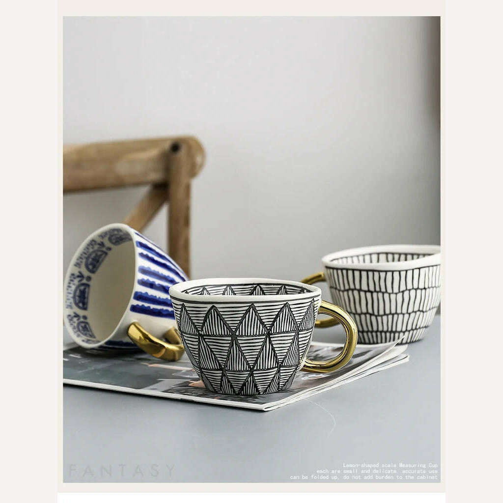 KIMLUD, Hand Painted Geometric Ceramic Mugs With Gold Handle Handmade Irregular Cups For Coffee Tea Milk Oatmeal Creative Birthday Gifts, KIMLUD Womens Clothes