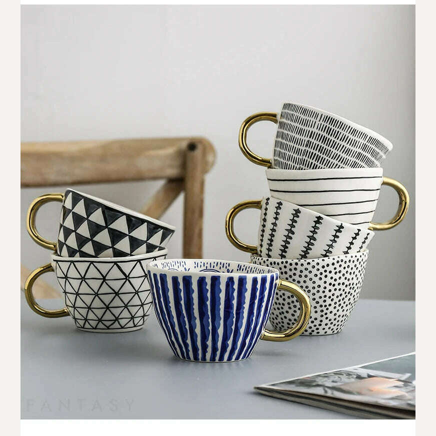 KIMLUD, Hand Painted Geometric Ceramic Mugs With Gold Handle Handmade Irregular Cups For Coffee Tea Milk Oatmeal Creative Birthday Gifts, KIMLUD Womens Clothes