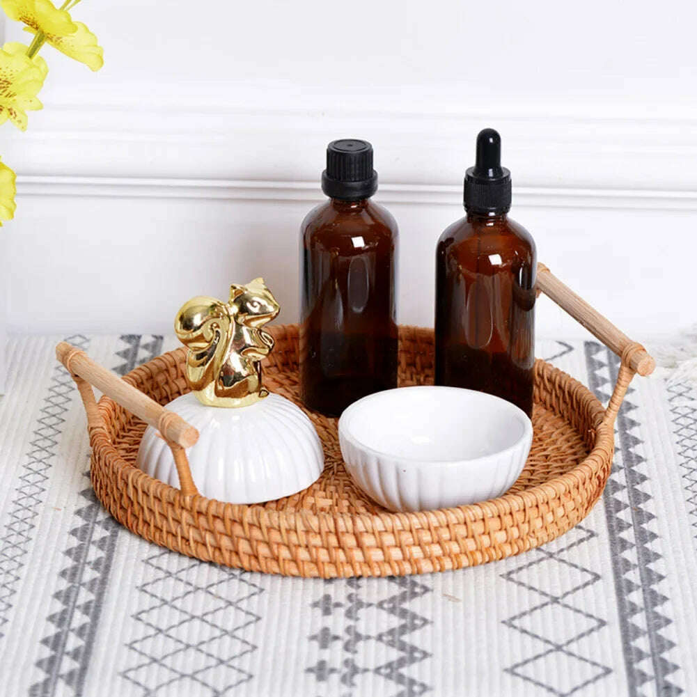 KIMLUD, Hand-Woven Round Rattan Tray Fruit Snacks Storage Basket Organizer with Handle Autumn Woven Storage Tray Snack Fruit Tray, KIMLUD Womens Clothes