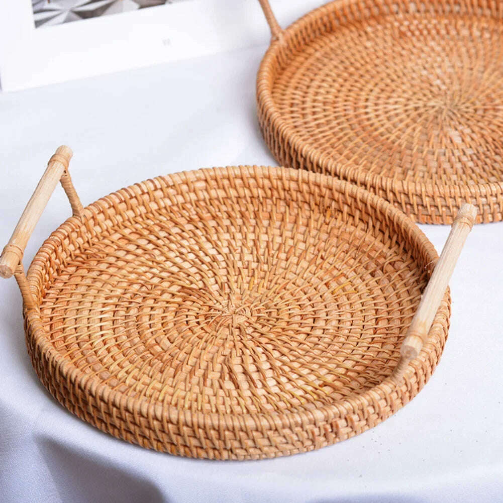 KIMLUD, Hand-Woven Round Rattan Tray Fruit Snacks Storage Basket Organizer with Handle Autumn Woven Storage Tray Snack Fruit Tray, KIMLUD Womens Clothes