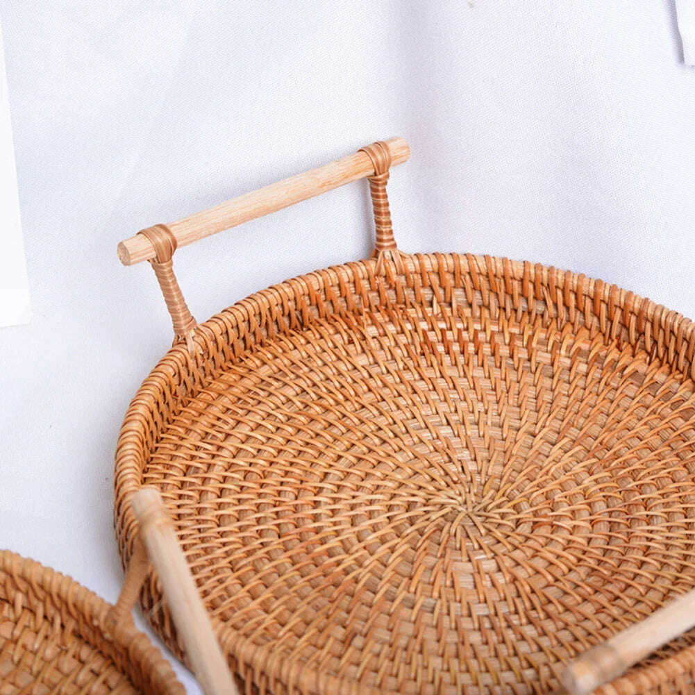 KIMLUD, Hand-Woven Round Rattan Tray Fruit Snacks Storage Basket Organizer with Handle Autumn Woven Storage Tray Snack Fruit Tray, KIMLUD Womens Clothes