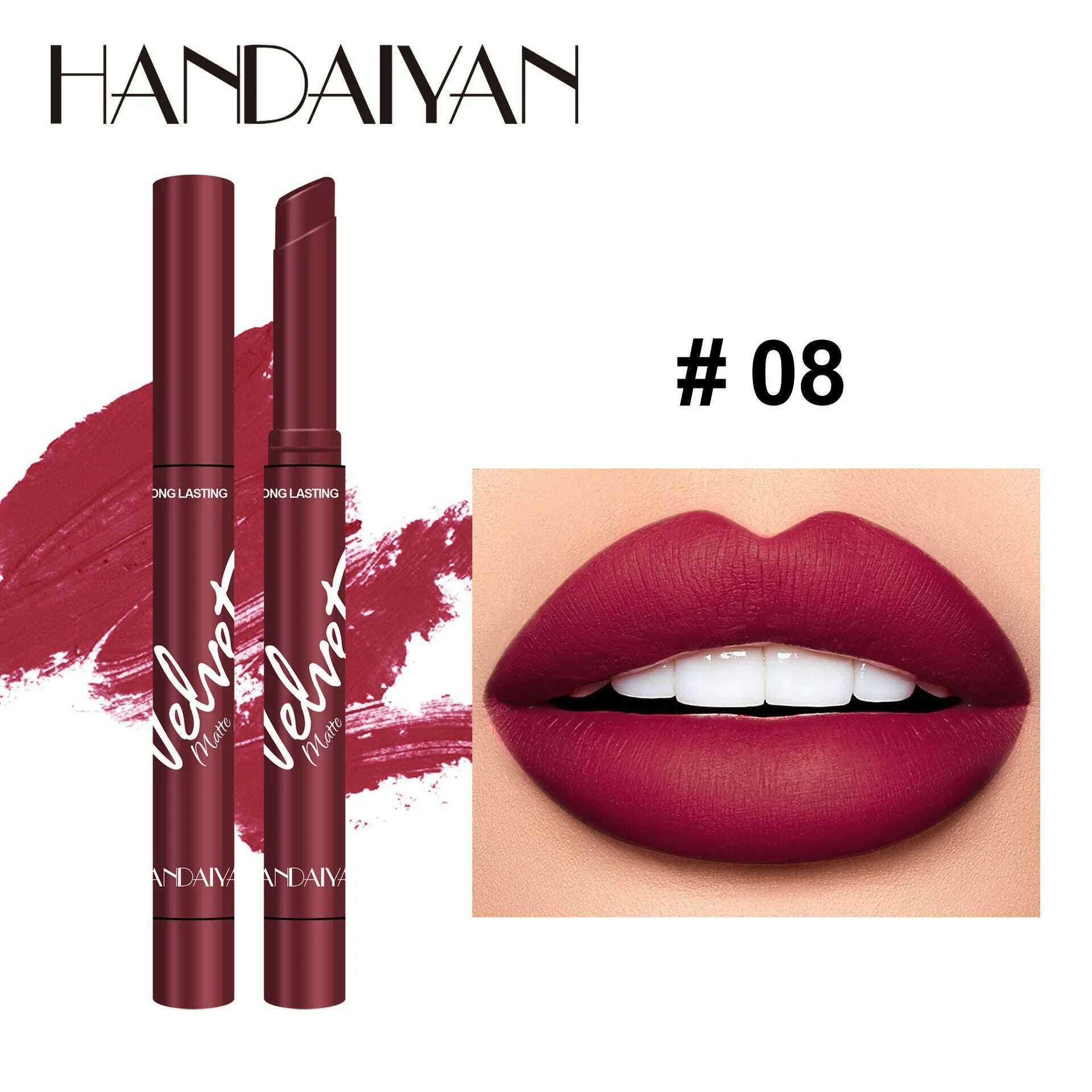 Handaiyan 8 Colors Matte Waterproof Velvet Nude Lipstick Pink Red Sexy Lip Matt Long Lasting Pigments Makeup - KIMLUD