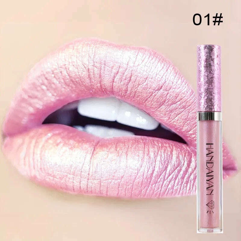 KIMLUD, HANDAIYAN Metallic Glitter Matte Liquid Lipstick Lips Makeup Mate Shine Lip Gloss Women Cosmetics Waterproof Lipgloss Cream Tint, 01, KIMLUD APPAREL - Womens Clothes