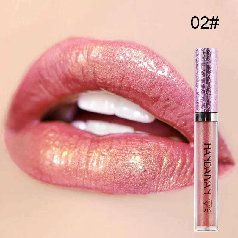 KIMLUD, HANDAIYAN Metallic Glitter Matte Liquid Lipstick Lips Makeup Mate Shine Lip Gloss Women Cosmetics Waterproof Lipgloss Cream Tint, 02, KIMLUD APPAREL - Womens Clothes