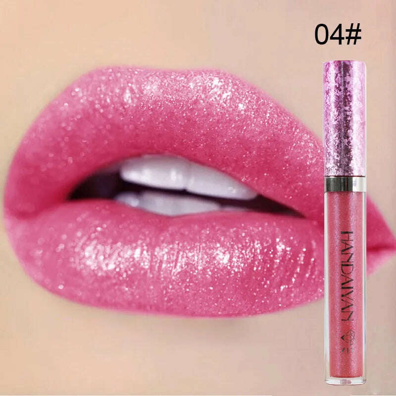 KIMLUD, HANDAIYAN Metallic Glitter Matte Liquid Lipstick Lips Makeup Mate Shine Lip Gloss Women Cosmetics Waterproof Lipgloss Cream Tint, 04, KIMLUD APPAREL - Womens Clothes