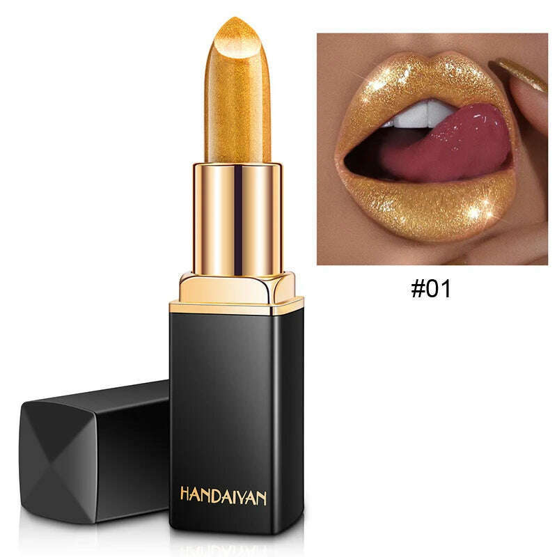 KIMLUD, HANDAIYAN metallic pearlescent color changing temperature gold flash lipstick women's lips High-pigmented Makeup cosmetics, H1008-01 / Full Size, KIMLUD APPAREL - Womens Clothes