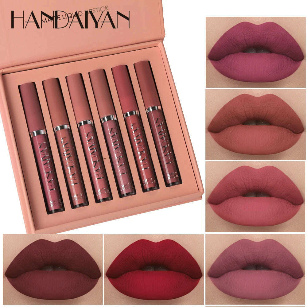 HANDAIYAN Set of 6 NonStick Cup Liquid lipstick , Long-Lasting Lip Gloss Gift Box – Matte Finish Lip Gloss, Resistant to Fading - KIMLUD