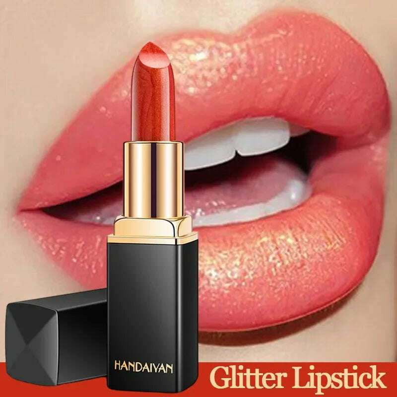 KIMLUD, Handaiyan Waterproof Nude Glitter Lipstick Makeup Long Lasting Velve Red Sexy Shimmer Lip Stick Shiny Lipstick Makeup Cosmetics, KIMLUD Womens Clothes